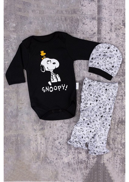 Snoppy Köpek Baskılı 3 Parça Badili Erkek Bebek Takım Gri