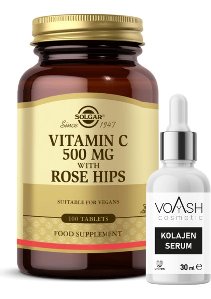 Vitamin C With Rose Hips 500 Mg 100 Tablet + Voyash Serum 30 Ml Roze