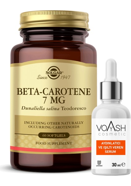 Beta Carotene 7mg 60 Kapsül +Voyash Vitamin C Serum 30 Ml Li Karoten