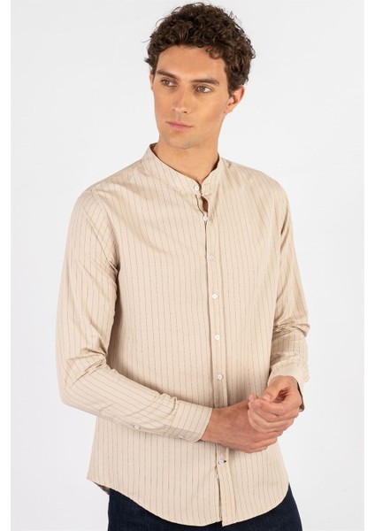 Slim Fit Uzun Kollu Hakim Yaka Pamuklu Kolay Ütü Çizgili Erkek Taş Gömlek fiyatları