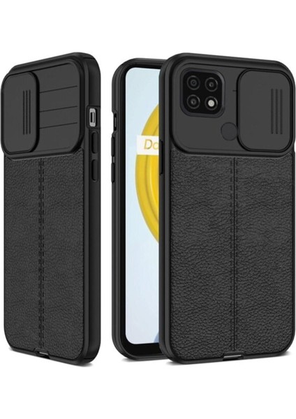Oppo A15 Kılıf Kamera Sürgülü Deri Dokulu Mat Silikon Siyah