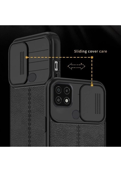 Oppo A15 Kılıf Kamera Sürgülü Deri Dokulu Mat Silikon Siyah