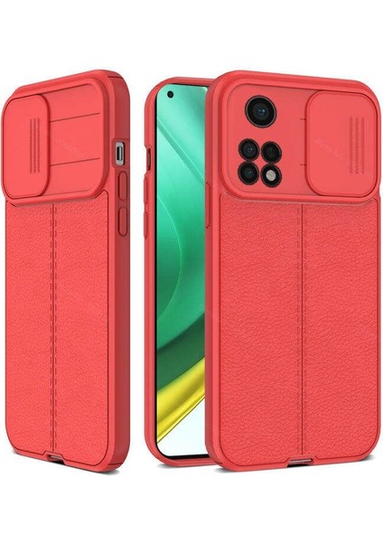 Xiaomi Mi 10T Kılıf Kamera Sürgülü Deri Dokulu Mat Silikon Kırmızı