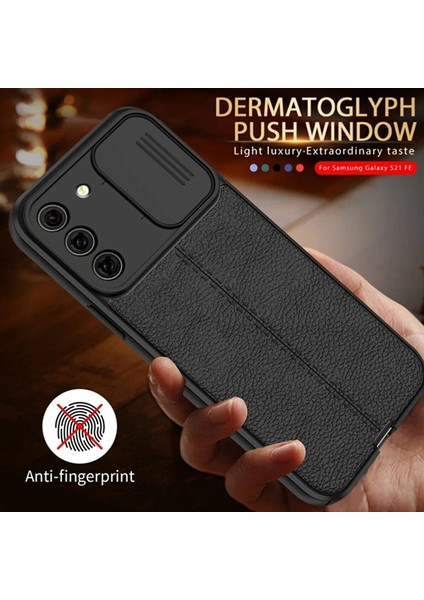 Samsung Galaxy S21 Fe Kılıf Kamera Sürgülü Deri Dokulu Mat Silikon Lacivert fiyatları