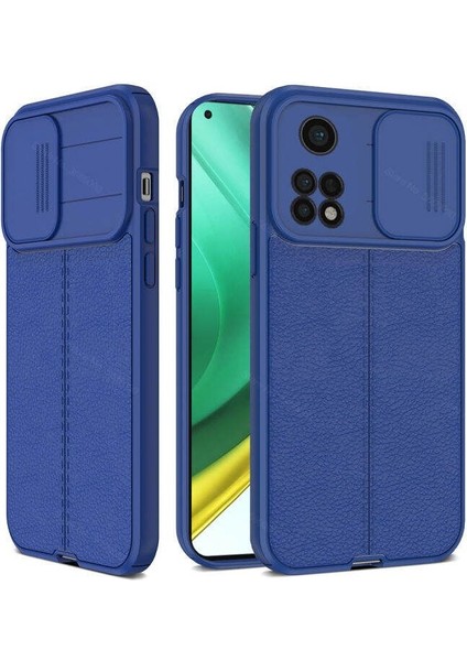 Xiaomi Mi 10T Pro Kılıf Kamera Sürgülü Deri Dokulu Mat Silikon Lacivert