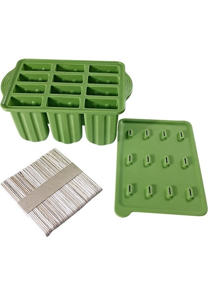 Silikon Buz Popsicle Maker 12 Boşluklar Ev Yapımı Popsicle Kalıpları Şekilleri Buz Küp Tepsisi ile Buz Tepsileri WY527 (Yeşil) (Yurt Dışından)