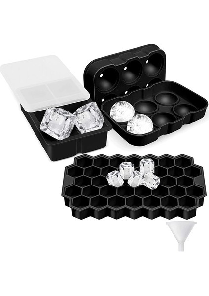Buz Küpü Tepsisi, 3 Pack Kapaklı Silikon Buz Küpü Tepsileri, Küre Kare Petek Buz Küp Kalıp, Esnek, Yeniden Kullanılabilir (Siyah) (Yurt Dışından)