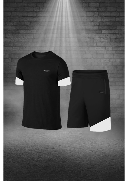Erkek Siyah Dri-Fit Kumaş Baskısız Yuvarlak Yaka Kısa Kol Tişört Şort Alt Üst Takımı S-3xl