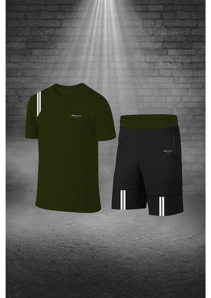 Erkek Haki Dri-Fit Kumaş Yürüyüş Için Konforlu Cepli Sıfır Yaka Tişört Şort Seti S-3xl