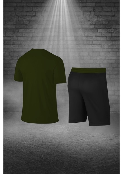 Erkek Haki Dri-Fit Kumaş Yürüyüş Için Konforlu Cepli Sıfır Yaka Tişört Şort Seti S-3xl