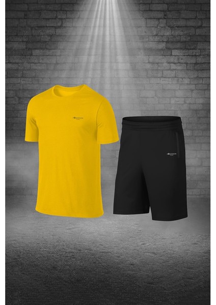 Erkek Sarı Dri-Fit Kumaş Rahat Günlük Sporcu Konforlu Tişört Şort Koşu Seti S-3xl
