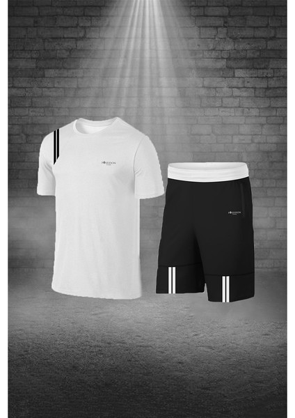 Erkek Beyaz Dri-Fit Kumaş Koşu Için Konforlu Cepli Sıfır Yaka Tişört Şort Ikili Alt Üst Seti S-3xl