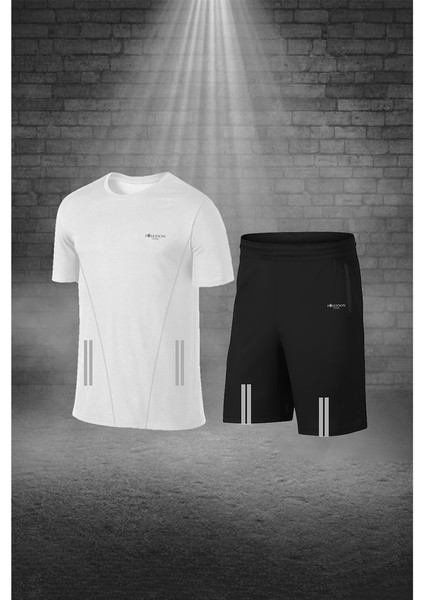 Erkek Beyaz Dri-Fit Kumaş Baskısız Yuvarlak Yaka Kısa Kol Regular Tişört Şort Takım S-3xl