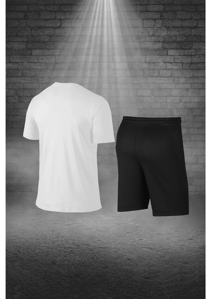 Erkek Beyaz Dri-Fit Kumaş Baskısız Yuvarlak Yaka Kısa Kol Regular Tişört Şort Takım S-3xl