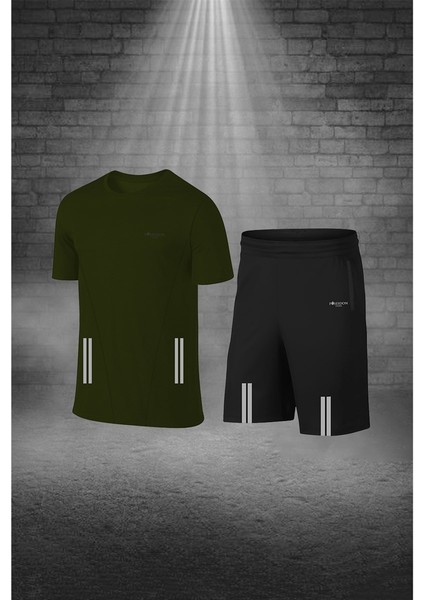 Erkek Haki Dri-Fit Kumaş Bisiklet Yaka Kısa Kol Günlük Rahat Tişört Şort Alt Üst Sporcu Takım S-3xl