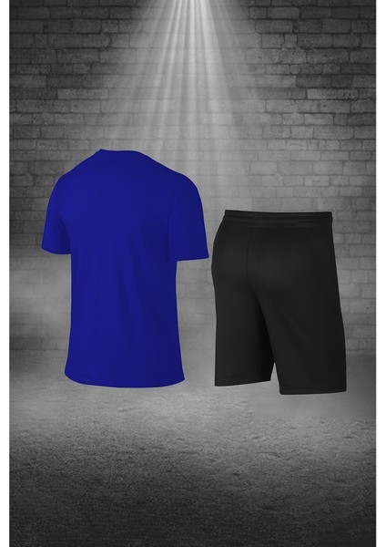 Erkek Mavi Dri-Fit Kumaş Antrenman ve Koşu Için Konforlu Cepli Düz Tişört Şort Seti S-3xl