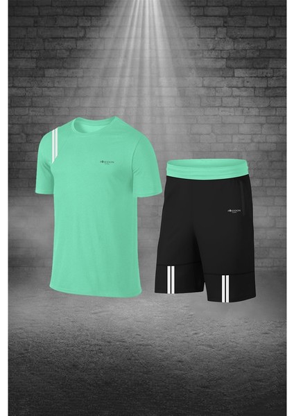 Büyük Beden Erkek Su Yeşili Dri-Fit Kumaş Cepli Bisiklet Yaka Sporcu Günlük Tişört Şort Ikili Takım 4XL-10XL