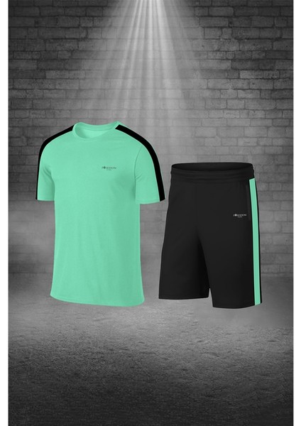 Erkek Su Yeşili Dri-Fit Kumaş Düz Kısa Kol Konforlu Tişört Şort Alt Üst Ikili Takım Seti S-3xl