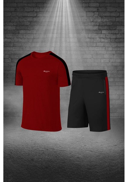 Erkek Bordo Dri-Fit Kumaş Cepli Baskısız Bisiklet Yaka Sporcu Tişört Şort Alt Üst Ikili Takım S-3xl