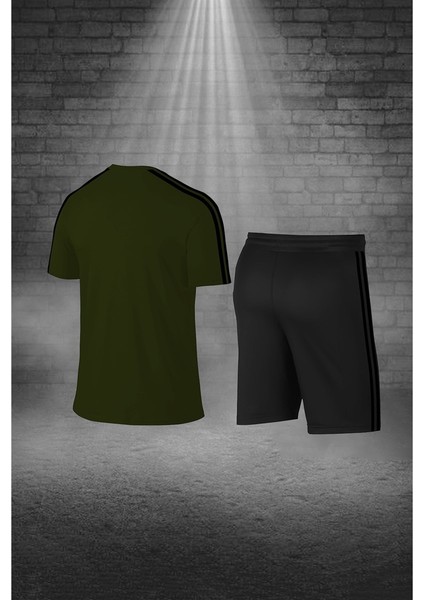 Erkek Haki Dri-Fit Kumaş Yürüyüş ve Koşu Için Konforlu Cepli Sıfır Yaka Tişört Şort Ikili Alt Üst Set S-3xl