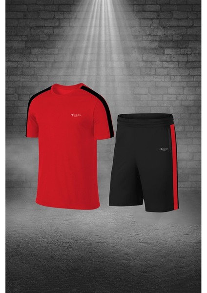 Büyük Beden Erkek Kırmızı Dri-Fit Kumaş Baskısız Bisiklet Yaka Kısa Kol Konforlu Alt Üst Takım Şort Tişört Seti 4XL-10XL