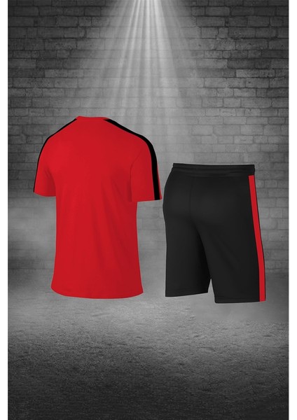 Büyük Beden Erkek Kırmızı Dri-Fit Kumaş Baskısız Bisiklet Yaka Kısa Kol Konforlu Alt Üst Takım Şort Tişört Seti 4XL-10XL