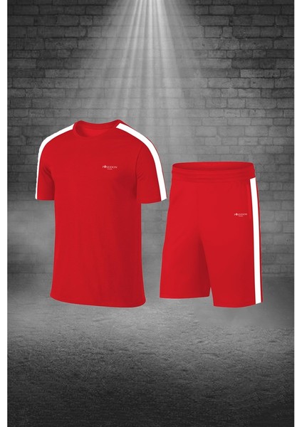 Büyük Beden Erkek Kırmızı Dri-Fit Kumaş Cepli Baskısız Bisiklet Yaka Sporcu Tişört Şort Alt Üst Ikili Takım 4XL-10XL