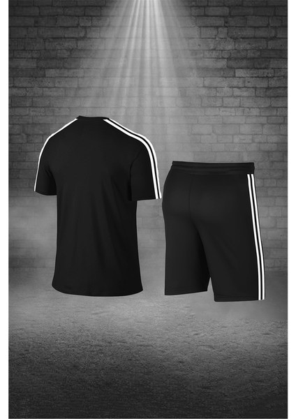 Büyük Beden Erkek Siyah Dri-Fit Kumaş Yuvarlak Yaka Cepli Şık Konforlu Tişört Şort Seti 4XL-10XL