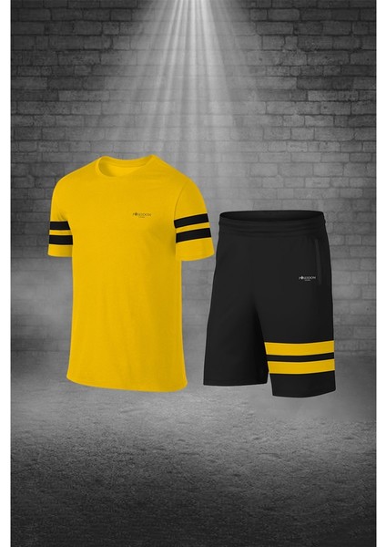 Büyük Beden Erkek Sarı Dri-Fit Kumaş Düz Yuvarlak Yaka Kısa Kol Konforlu Tişört Şort Alt Üst Ikili Takım Seti 4XL-10XL