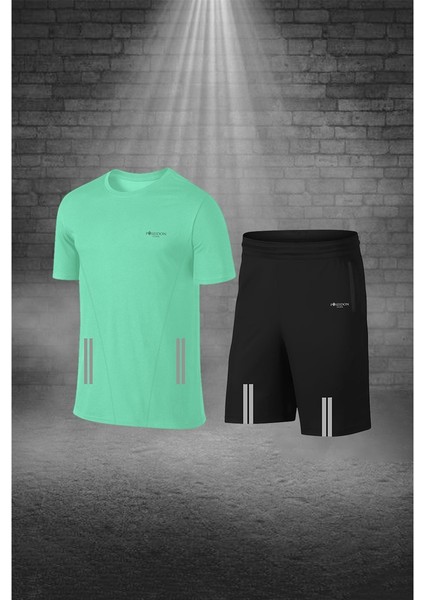 Büyük Beden Erkek Su Yeşili Dri-Fit Kumaş Cepli Düz Kısa Kol Konforlu Rahat Tişört Şort Alt Üst Spor Seti 4XL-10XL