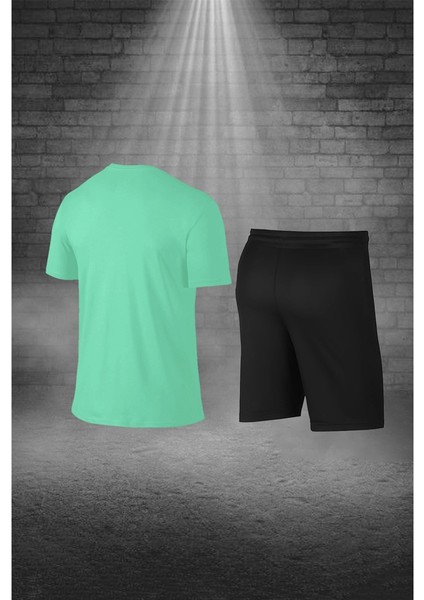 Büyük Beden Erkek Su Yeşili Dri-Fit Kumaş Cepli Düz Kısa Kol Konforlu Rahat Tişört Şort Alt Üst Spor Seti 4XL-10XL