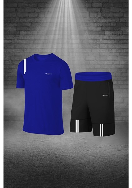 Büyük Beden Erkek Mavi Dri-Fit Kumaş Cepli Baskısız Bisiklet Yaka Sporcu Tişört Şort Alt Üst Ikili Takım 4XL-10XL