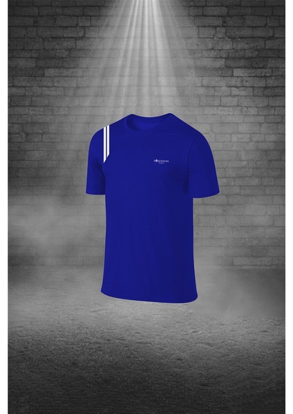 Büyük Beden Erkek Mavi Dri-Fit Kumaş Cepli Baskısız Bisiklet Yaka Sporcu Tişört Şort Alt Üst Ikili Takım 4XL-10XL