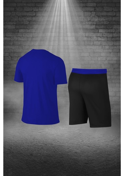 Büyük Beden Erkek Mavi Dri-Fit Kumaş Cepli Baskısız Bisiklet Yaka Sporcu Tişört Şort Alt Üst Ikili Takım 4XL-10XL