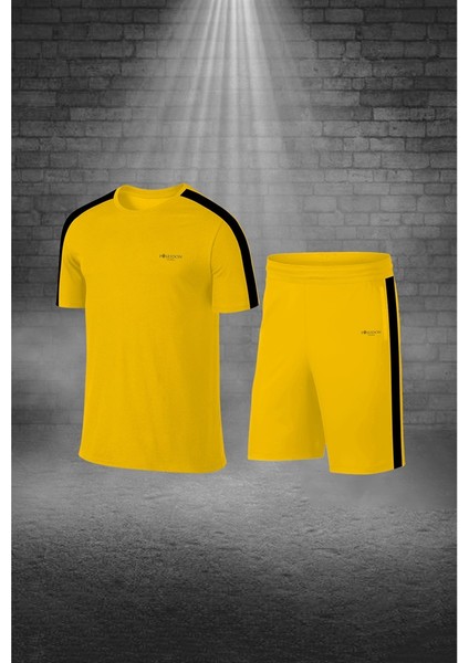 Büyük Beden Erkek Sarı Dri-Fit Kumaş Baskısız Konforlu Tişört Şort Alt Üst Ikili Takım Seti 4XL-10XL