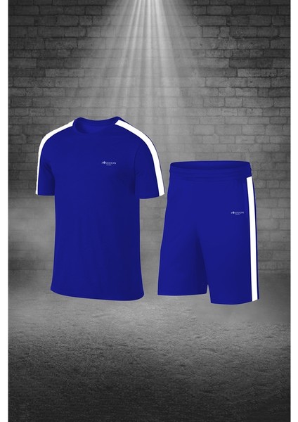 Büyük Beden Erkek Mavi Dri-Fit Kumaş Yürüyüş ve Koşu Için Konforlu Cepli Sıfır Yaka Tişört Şort Ikili Alt Üst Seti 4XL-10XL