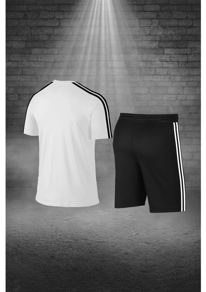Büyük Beden Erkek Beyaz Dri-Fit Kumaş Baskısız Yuvarlak Yaka Kısa Kol Tişört Şort Alt Üst Takım 4XL-10XL