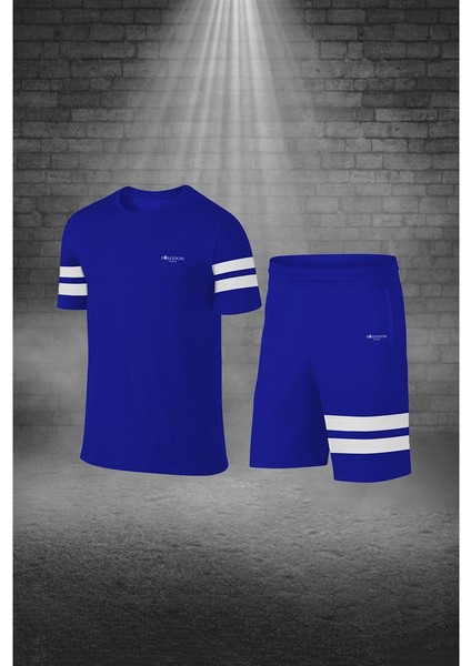 Büyük Beden Erkek Mavi Dri-Fit Kumaş Baskısız Yuvarlak Yaka Kısa Kol Tişört Şort Alt Üst Spor Takım 4XL-10XL