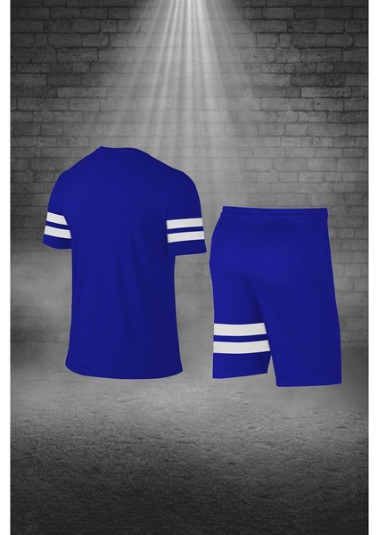 Büyük Beden Erkek Mavi Dri-Fit Kumaş Baskısız Yuvarlak Yaka Kısa Kol Tişört Şort Alt Üst Spor Takım 4XL-10XL
