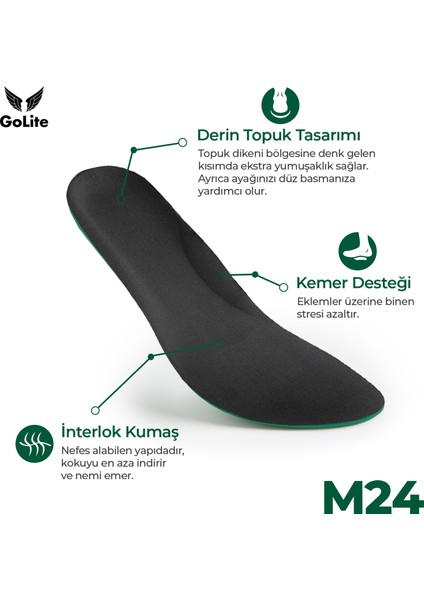 Konforlu Ayakkabı Tabanlığı, Rahat Memory Foam Hafızalı Topuk Dikeni İç Tabanlık Kemer Destekli Taban - M24 Siyah - 38 Numara