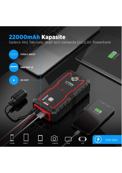 Utraı Jstar One 22000MAH 2000A Jump Starter Taşınabilir Akü Takviye Cihazı ( Çanta + Pusula + Powerbank + LED Lamba)