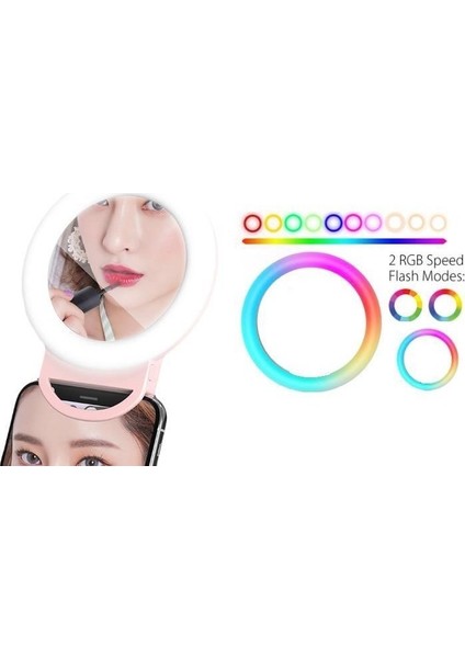 Paleon Rgb LED Aynalı Selfie Işığı Makyaj Aynası Gökkuşağı Renkli Şarjlı