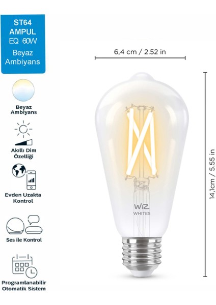 60W Sarı-Beyaz Ambiyans E27 Şeffaf Cam Akıllı Filament Ampul (ST64)