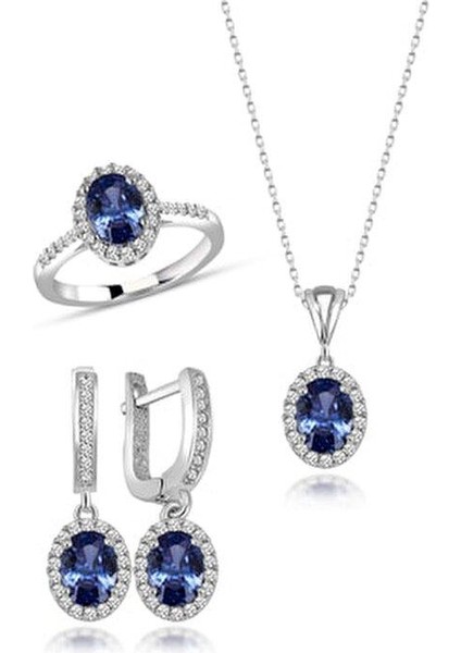 925 Ayar Safir Mavi Gümüş Hediyelik Kadın Set
