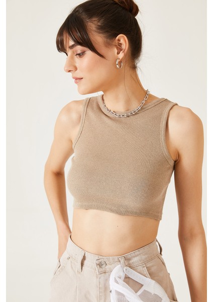 Kadın Sıfır Kol Kaşkorse Crop Bluz