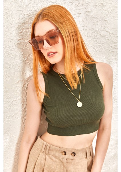 Kadın Sıfır Kol Kaşkorse Crop Bluz