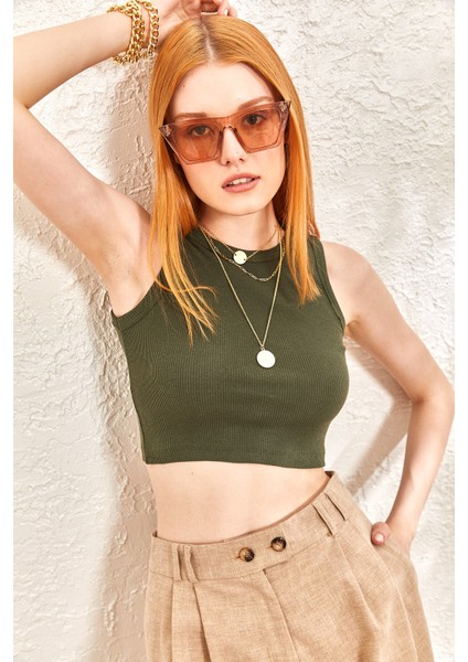 Kadın Sıfır Kol Kaşkorse Crop Bluz
