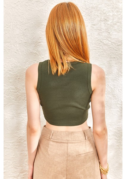 Kadın Sıfır Kol Kaşkorse Crop Bluz