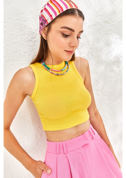 Kadın Sıfır Kol Kaşkorse Crop Bluz