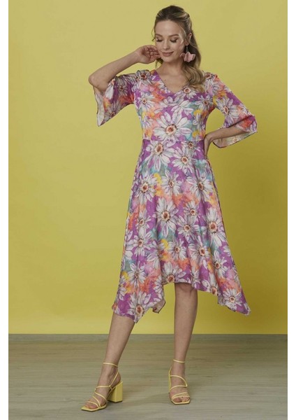 Kolu Volanlı V Yaka Emprime Elbise fiyatları